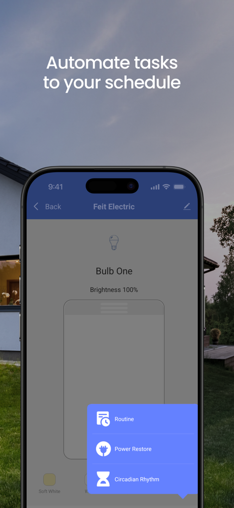 Feit Electric - Um smartphone exibindo a interface do aplicativo Feit Electric com configurações de automação para uma lâmpada inteligente, incluindo rotinas e ritmo circadiano.