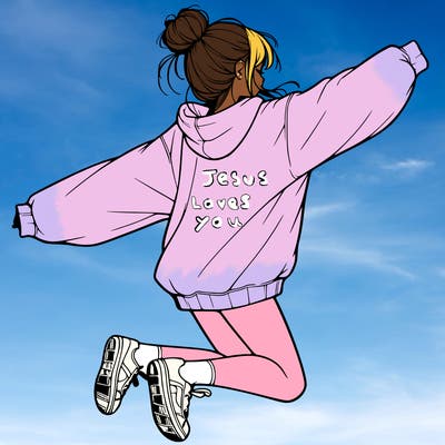 realistic girl jumping with a bun and oversized sweatshirt