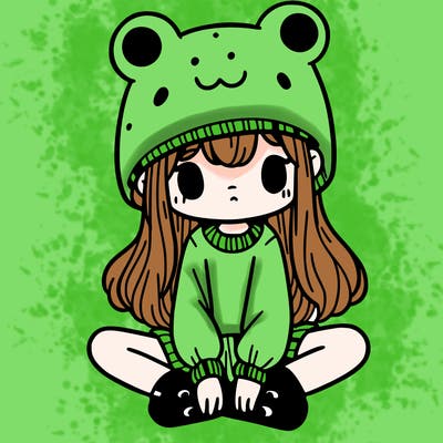 a girl wearing a frog hat and some frog socks