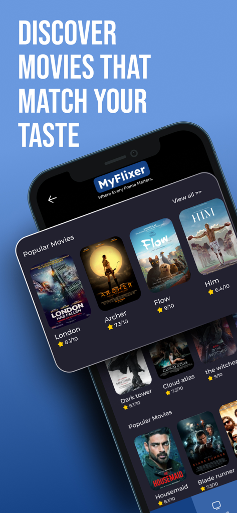 MyFlixer app interface showing popular movie posters and ratings on a smartphone screen
