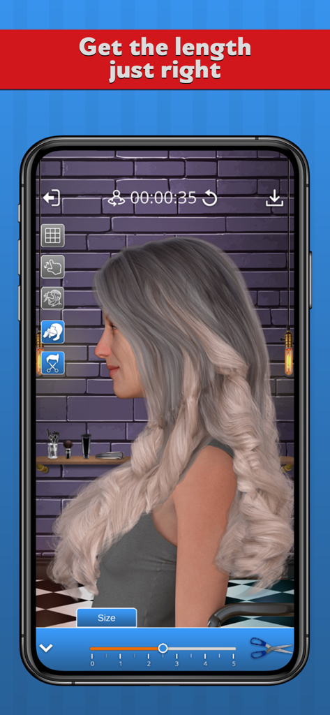Barber Chop 2 - A woman with long wavy blonde hair being styled in the Barber Chop 2 simulator using a hair length adjustment slider