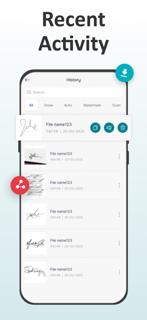 Signature Maker - e Sign App - A mobile interface showing recent activity and history of digital signatures with various styling options
