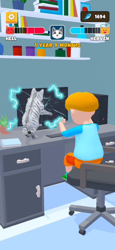 Eine 3D-graue Tabby-Katze kratzt einen gesprungenen Computermonitor in Cat Life Pet Simulator 3D