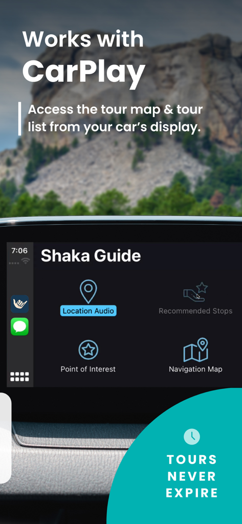 Shaka Guide | GPS Audio Tours - Shaka Guide GPS audio tour app interface on a car dashboard display with Mount Rushmore in the background