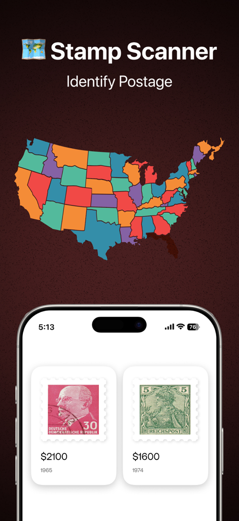 Stamp Scanner app interface showing identified rare postage stamps with market values on an iPhone