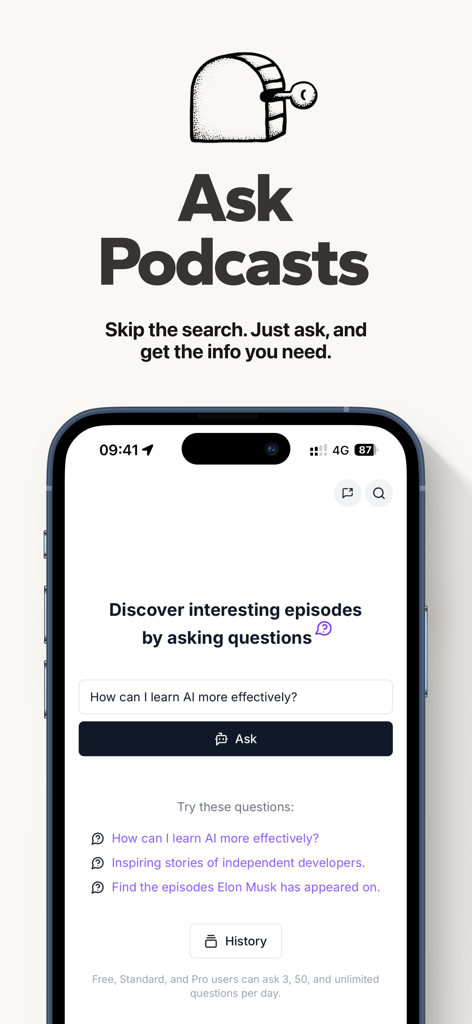 The Podwise app interface showing the Ask Podcasts feature that allows users to search for information across episodes using AI queries.