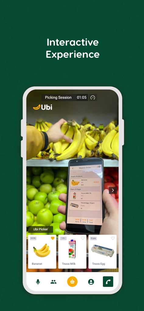 Ubi: Shop Different - A live picking session in the Ubi app showing a shopper selecting fresh bananas from a supermarket shelf