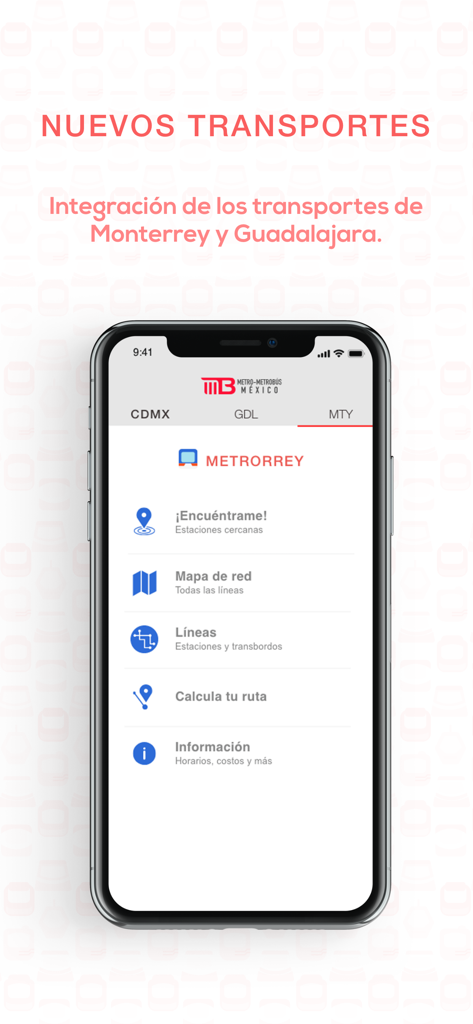 Metro - Metrobús México - Interface of the Metro Metrobús México app showing public transportation options for Monterrey and Guadalajara