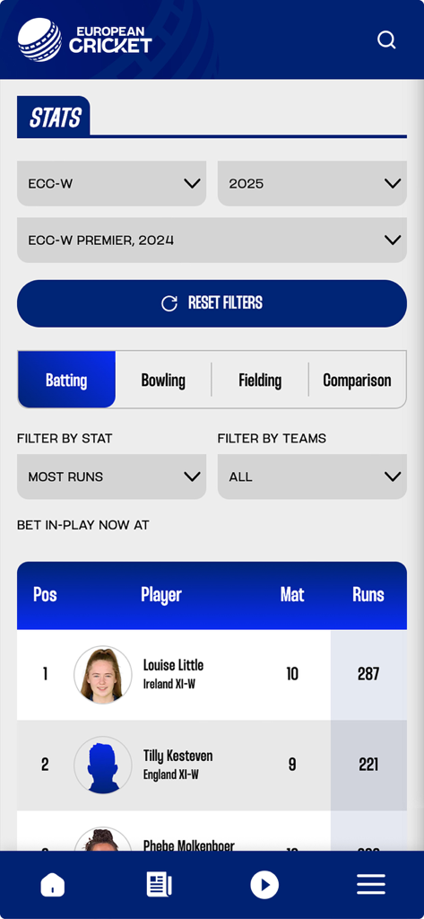 European Cricket Network - App European Cricket Network che mostra la classifica dei battitori e le statistiche dei giocatori