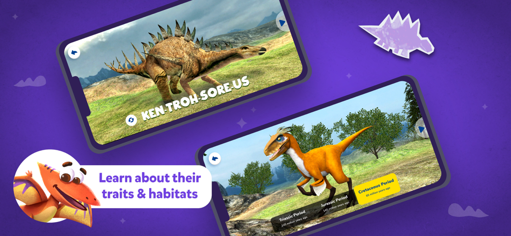 Screenshots der Orboot Dinos AR App, die 3D-Dinosaurier und Fakten über ihre Merkmale und Lebensräume zeigen