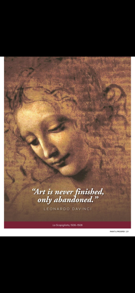 Una página de Paint and Prosper Magazine con un boceto de Leonardo Da Vinci y su cita 'El arte nunca se termina, solo se abandona'.