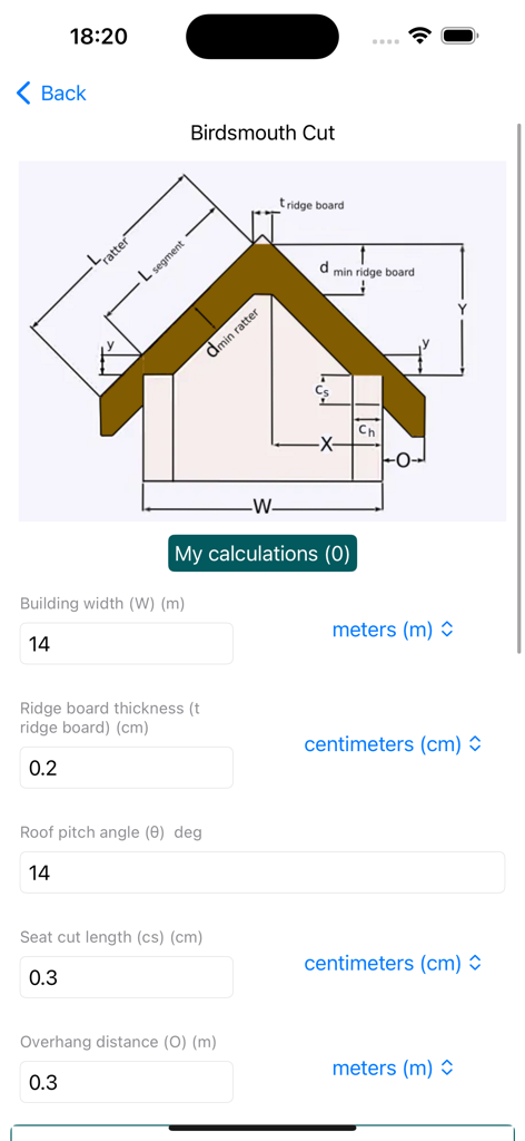 Construction Roofing calc - Interface of a roofing calculator app showing a birdsmouth cut diagram and technical input fields
