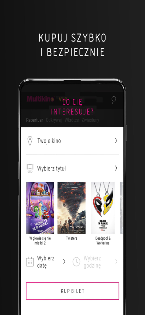Multikino VUE mobile app interface for booking cinema tickets
