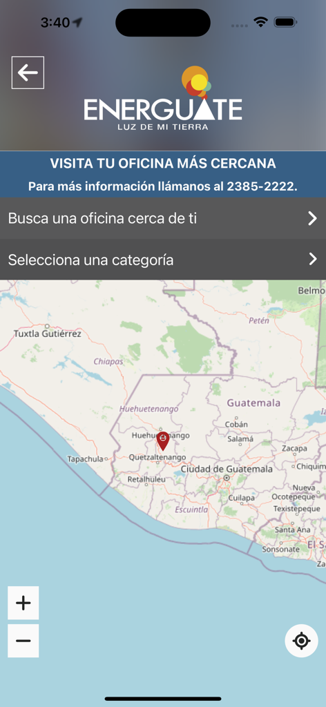 Tela do aplicativo móvel Energuate mostrando um mapa da Guatemala com localizações de escritórios