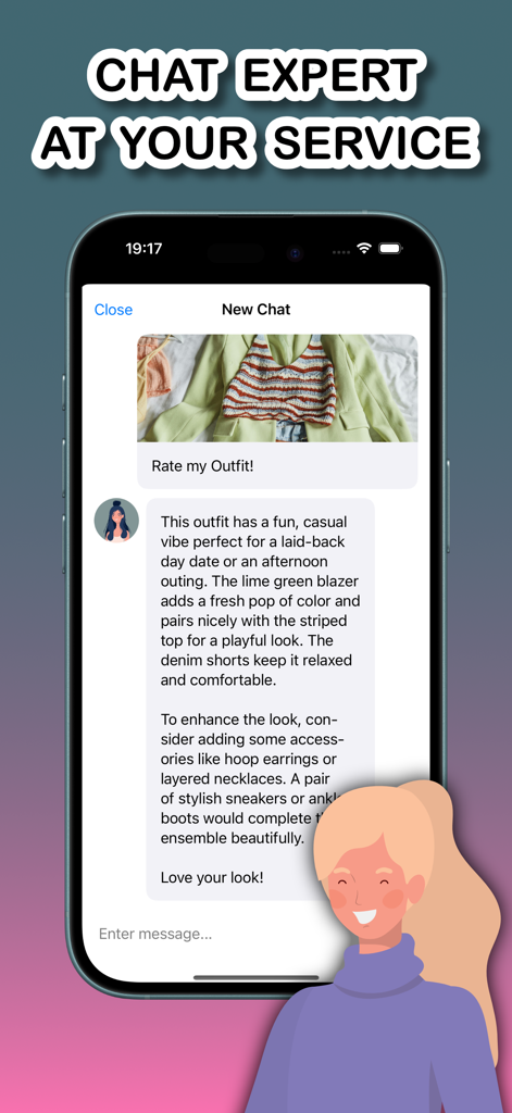 Outfit Checker: AI Scanner - Captura de tela da interface de chat do aplicativo Outfit Checker mostrando feedback de estilo de IA para um look de blazer verde e blusa listrada