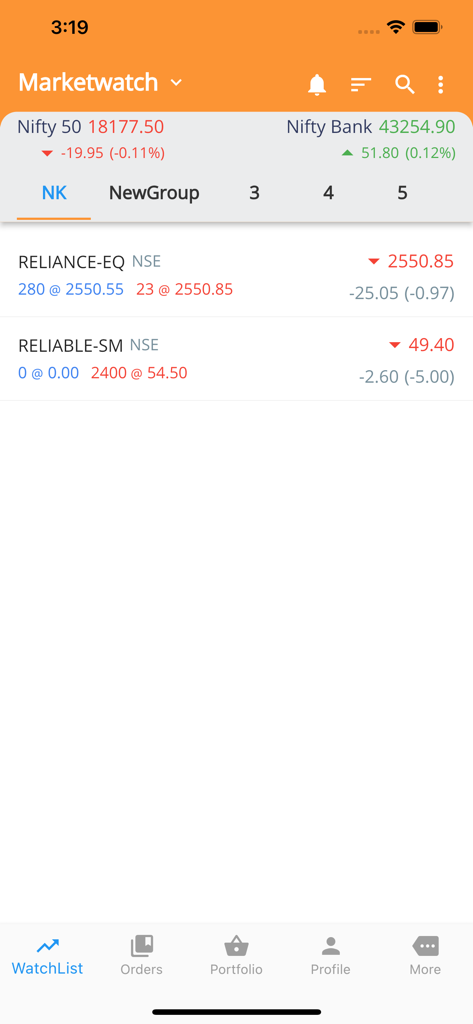 Emkay Blitz - Emkay Blitz app marketwatch screen with real time stock quotes for Nifty 50 and Nifty Bank