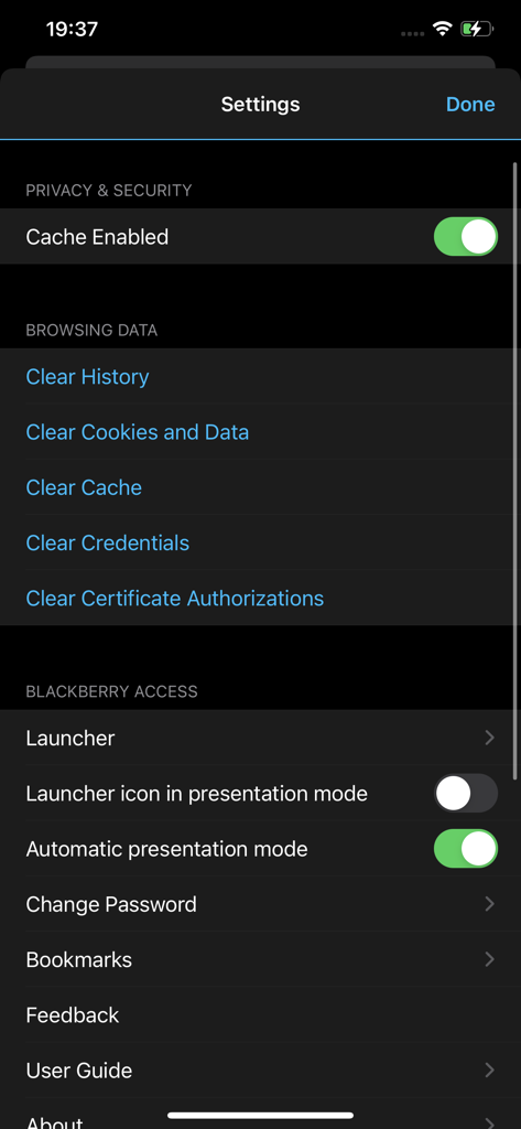 BlackBerry Access - BlackBerry Access app settings menu showing privacy and browsing data management options