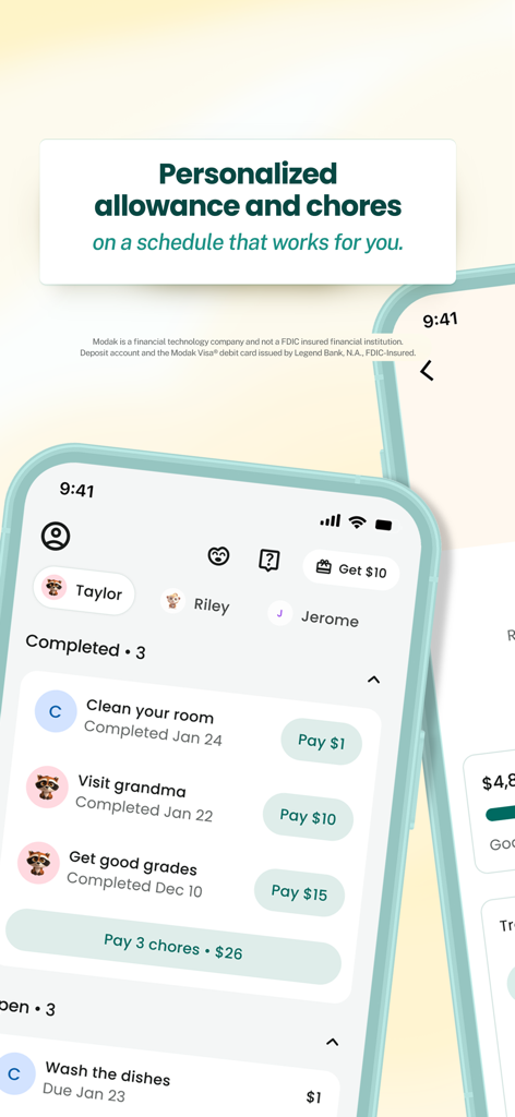 Modak: Kids & Teens Banking - A smartphone screen displaying the Modak app's chore and allowance tracking feature with payment buttons for completed tasks.