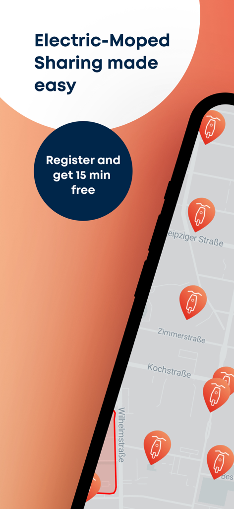 Ein Smartphone zeigt die emmy App-Karte mit verfügbaren Elektrorollern in einer Stadt.