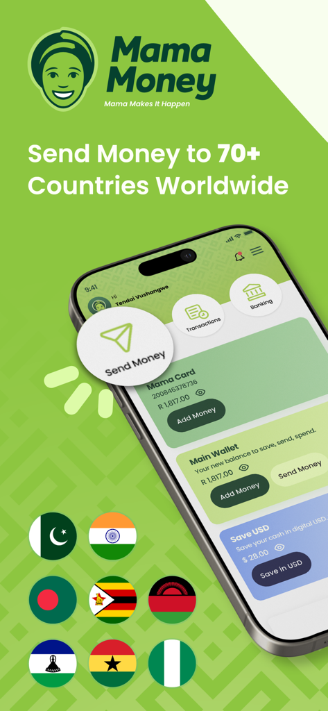 Mama Money - Send Money Home - Mama Money app interface for international money transfers to over 70 countries