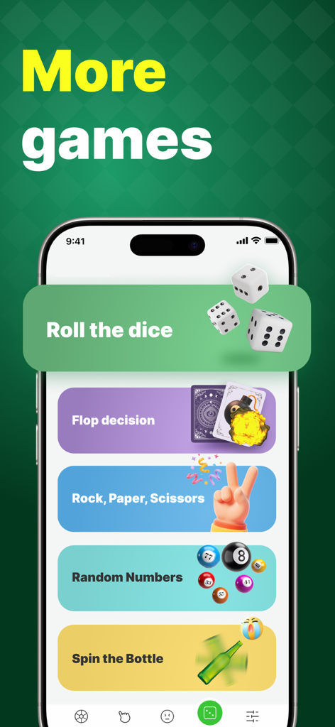 GK Decision Wheel - A menu of mini games in the GK Decision Wheel app including Roll the dice and Spin the Bottle.