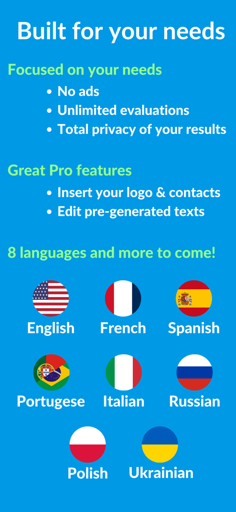 A list of APECS app features highlighting privacy, pro tools, and support for eight different languages with corresponding country flags.