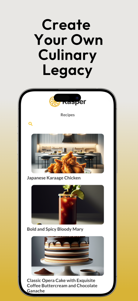 Kasper AI Master Private Chef - Pantalla de recetas de la aplicación Kasper AI que muestra opciones de pollo y postre