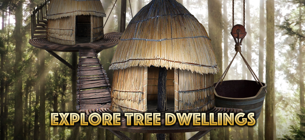 The Lost Treasure - Ancient thatched tree dwellings and wooden walkways in a dense forest