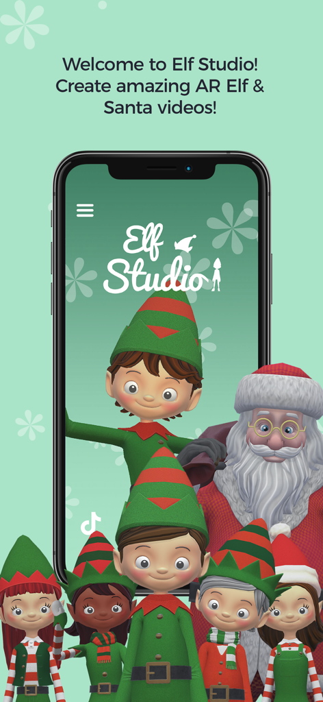 Elf Studio - Schermata principale dell'app Elf Studio con Babbo Natale e un gruppo di diversi elfi animati per creare video natalizi in realtà aumentata.