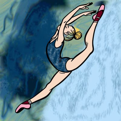 gymnast doing a leap in a leotard with a bent back leg