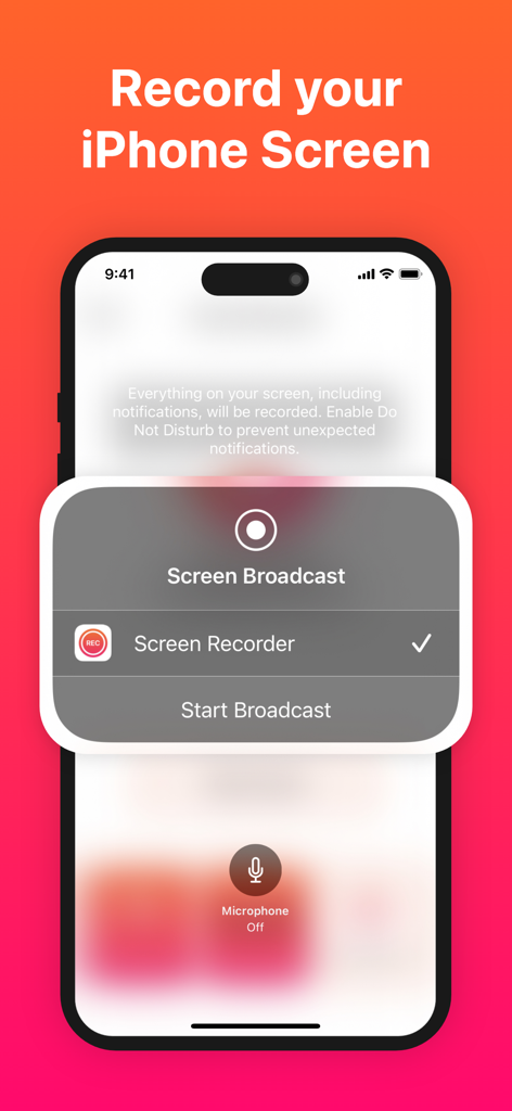 Screen Recorder with Audio - iPhone che mostra il menu di trasmissione dello schermo per la registrazione di contenuti