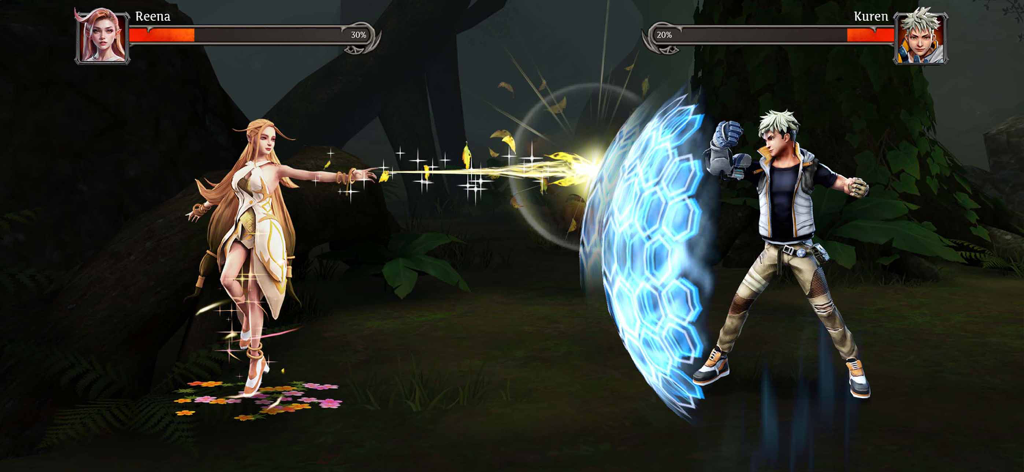 Legend Fighter: Mortal Battle - Reena ataca a Kuren con un rayo de luz mientras él se defiende con un escudo hexagonal en una batalla 3D.