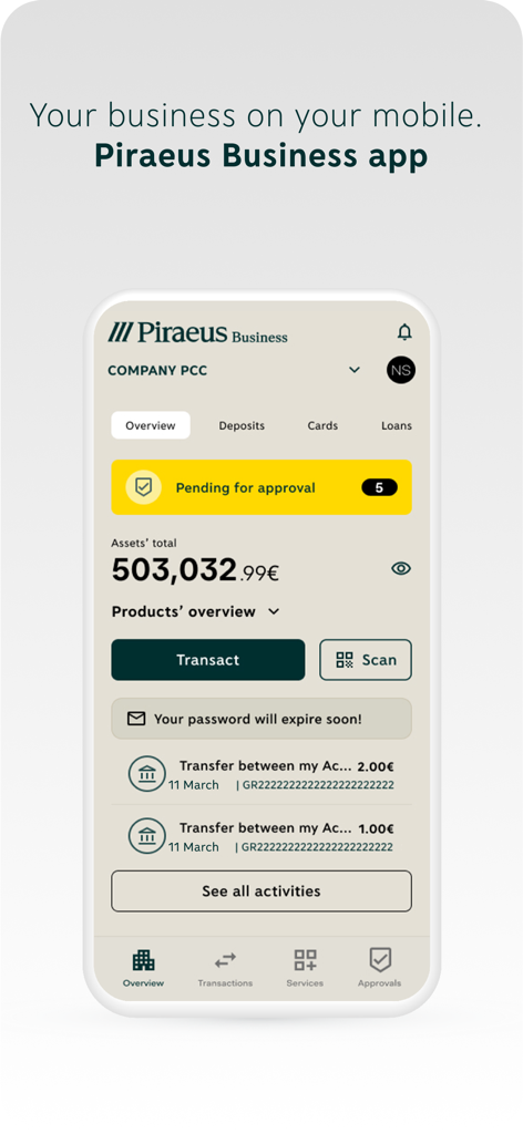 Piraeus Business app dashboard showing total assets and pending transaction approvals on a mobile screen