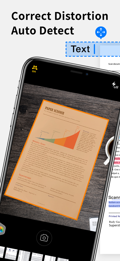 Scanner App - Scan & Edit PDF - Interfaz de la aplicación móvil que demuestra la detección automática y la corrección de distorsión de un documento escaneado sobre una superficie de madera.