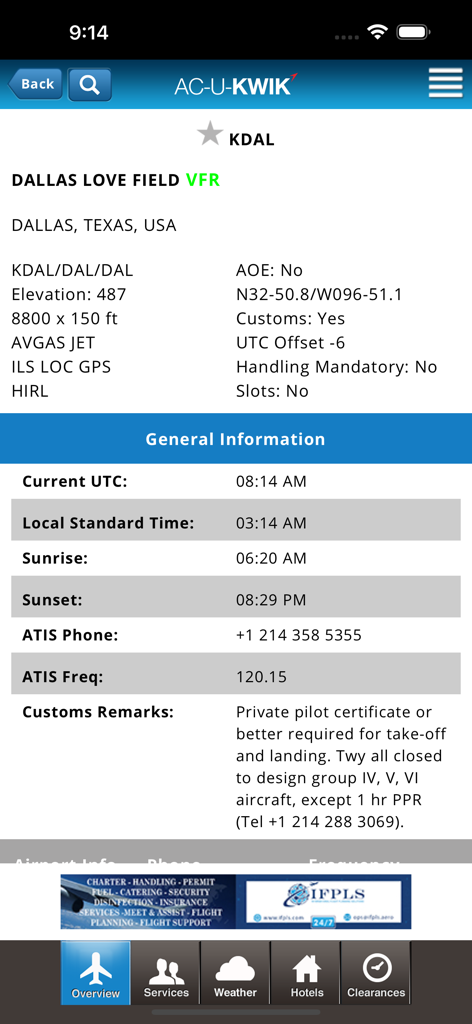 AC-U-KWIK - Detailed airport information for Dallas Love Field KDAL in the AC-U-KWIK app.