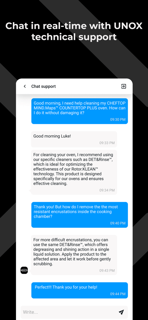 Unox Partner Hub - Pantalla de la aplicación móvil Unox Partner Hub que muestra una conversación de chat de soporte técnico en tiempo real.
