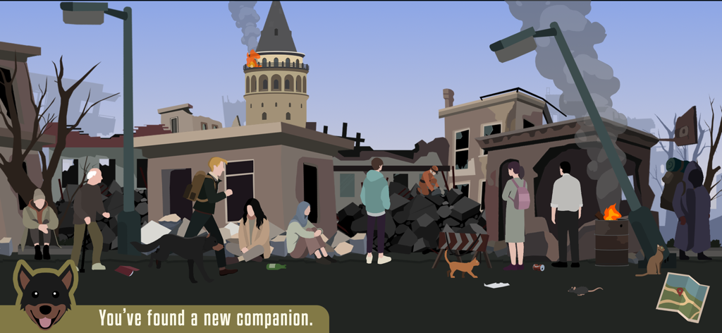Quakeline - A hand-drawn scene of post-earthquake Istanbul ruins featuring survivors and a new dog companion
