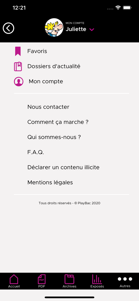 L'ÉCO - User profile and settings menu in the LECO educational news app showing sections for favorites news folders and account details