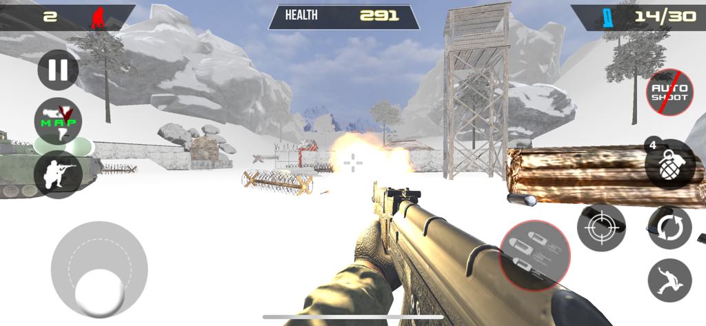 Last Day of Winter: Epic War - Jugabilidad de disparos en primera persona en un bosque nevado de invierno con un rifle militar y una explosión en el fondo