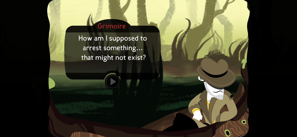 Detective Grimoire - Personaje de Detective Grimoire en un pantano con diálogos de misterio