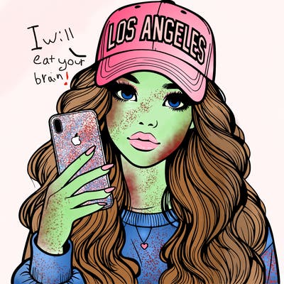 realistic beautiful girl wearing los ángeles cap holding an iphone