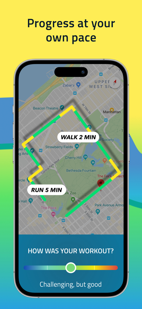 10K Runner, Couch to 10K Run - 10K Runner app interface showing a GPS map with walk and run intervals and a workout feedback slider