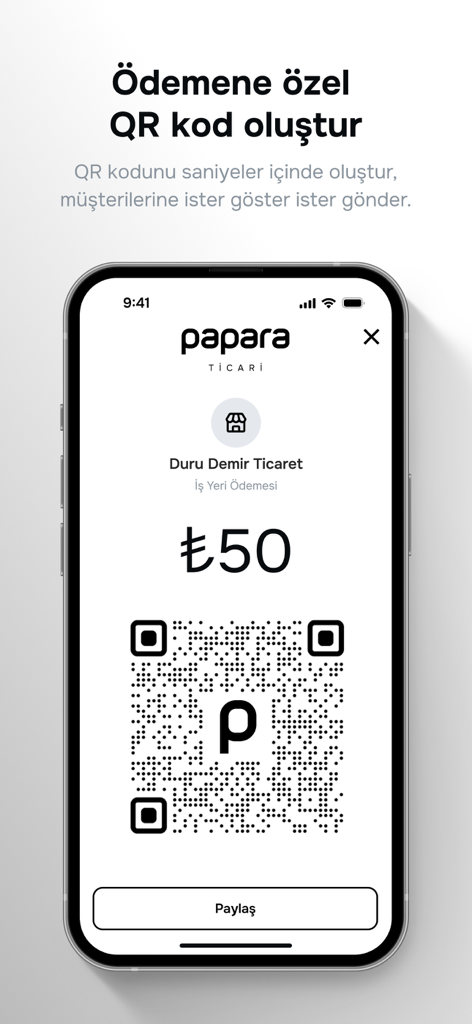 Papara Ticari - Papara Ticari mobile app interface displaying a custom QR code for business payments