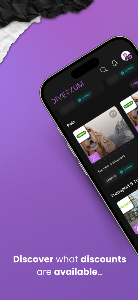 Diverzum - Student discounts - Diverzum app interface on a smartphone screen showing various student discounts and categories like pets and transport.