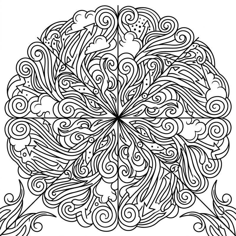 Experience the vibrant energy of wind transformed into a stunning Pop Art mandala. This intricate circular design invites you to explore a world of swirling patterns and bold outlines, perfect for a captivating coloring experience.