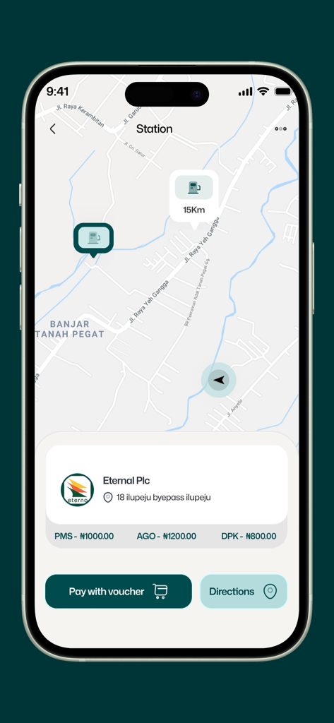 FuelSubsidy - Map view in the FuelSubsidy app showing nearby gas stations with real-time fuel prices and navigation options