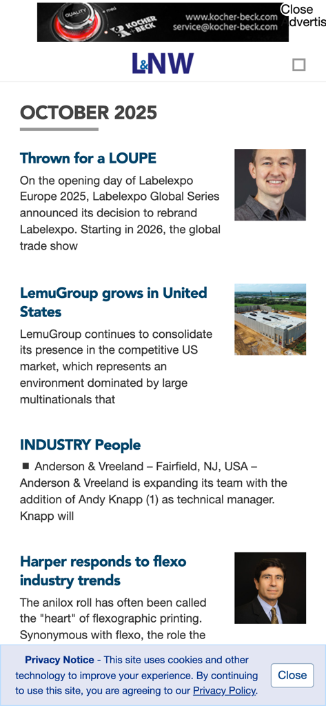 A news feed screen from the Label and Narrow Web mobile app showing industry articles and professional updates.