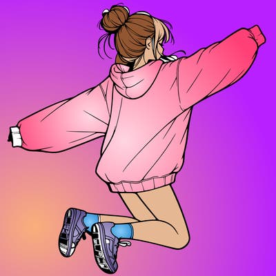 realistic girl jumping with a bun and oversized sweatshirt