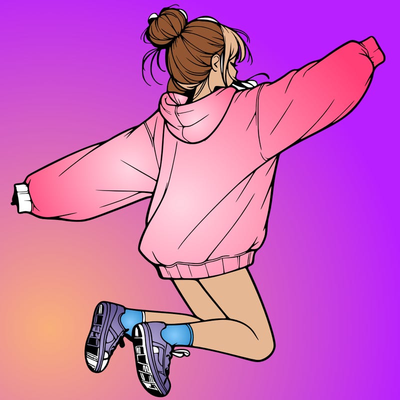 realistic girl jumping with a bun and oversized sweatshirt