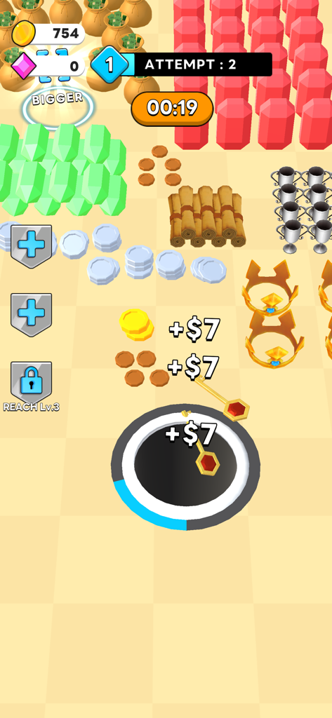 Money Hole! - Gameplay of Money Hole app showing a black hole collecting coins gems and money bags